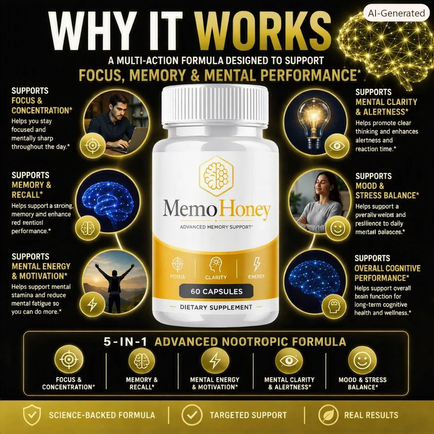 Diagram showing how MemoHoney works to support memory and focus