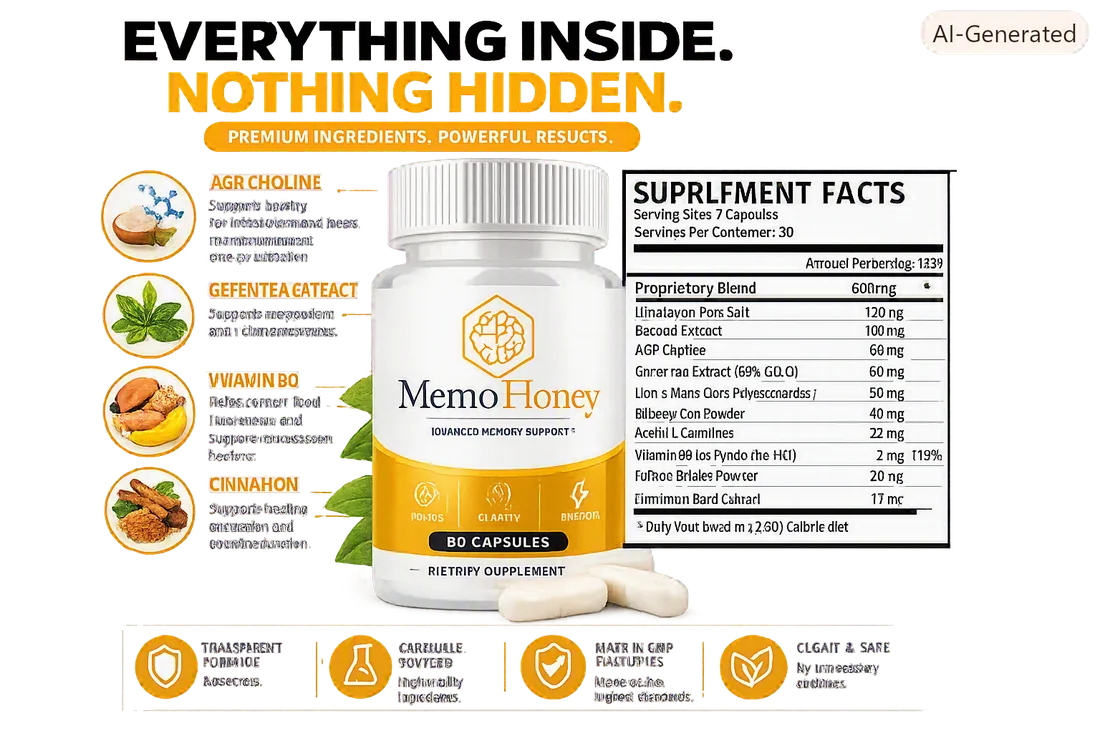 MemoHoney supplement facts label showing the full ingredient list